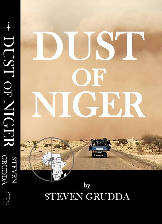 Dust of Niger book jacket with black and sand colors and a truck with a small picture of Africa
