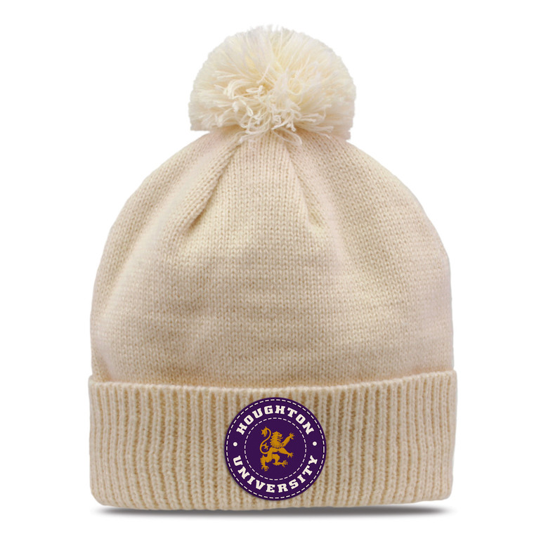 ivory knit beanie with purple circle patch that says Houghton University with the rampant lion in the middle in gold and a pom on top