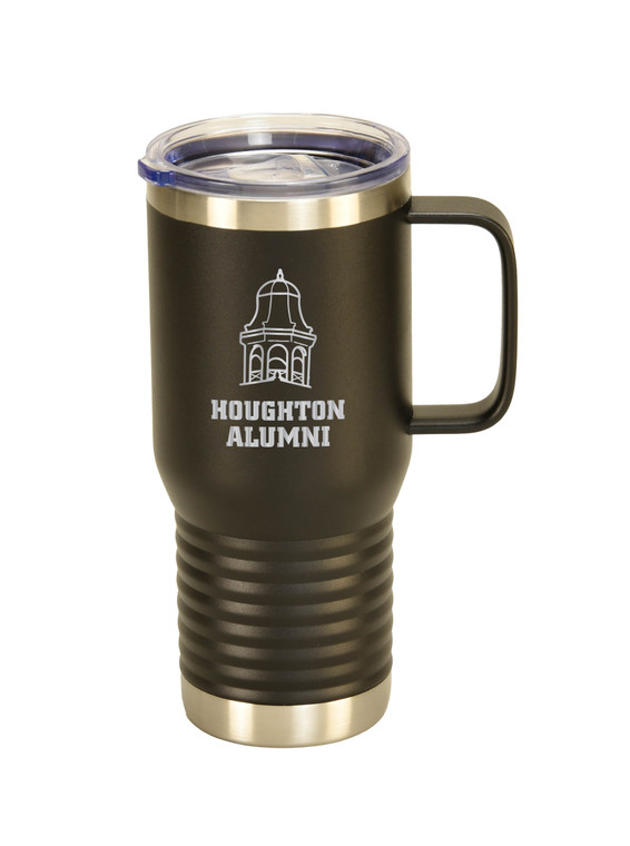 Black travel mug with handle and silver etched Houghton Alumni with bell tower above the words