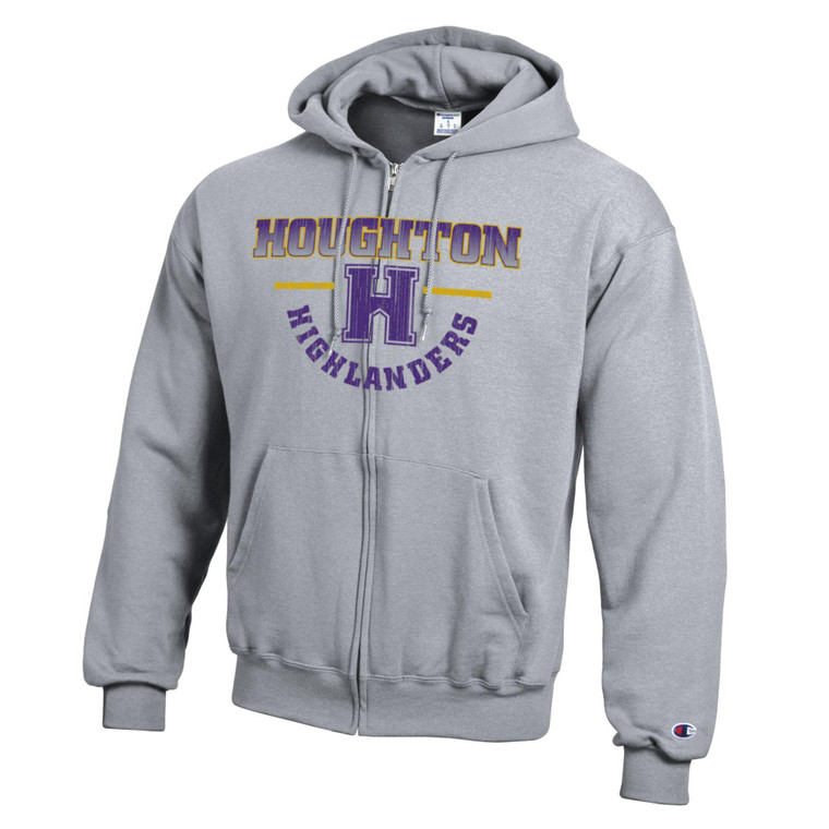 Gray hooded full zip sweatshirt with Houghton in a gradient purple and gold, the athletic H below with 2 gold lines on either side, and Highlanders curved beneath