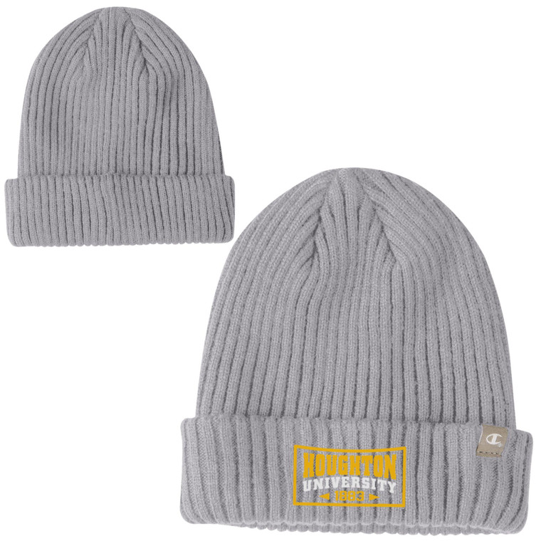 Gray ribbed knit beanie with a patch-like embroidered 'Houghton University' above '1883' in gold and white thread