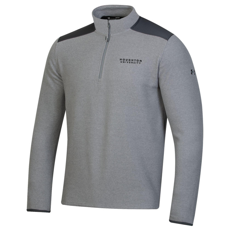 gray 1/4 zip with black shoulders and black Houghton University embroidered on left chest