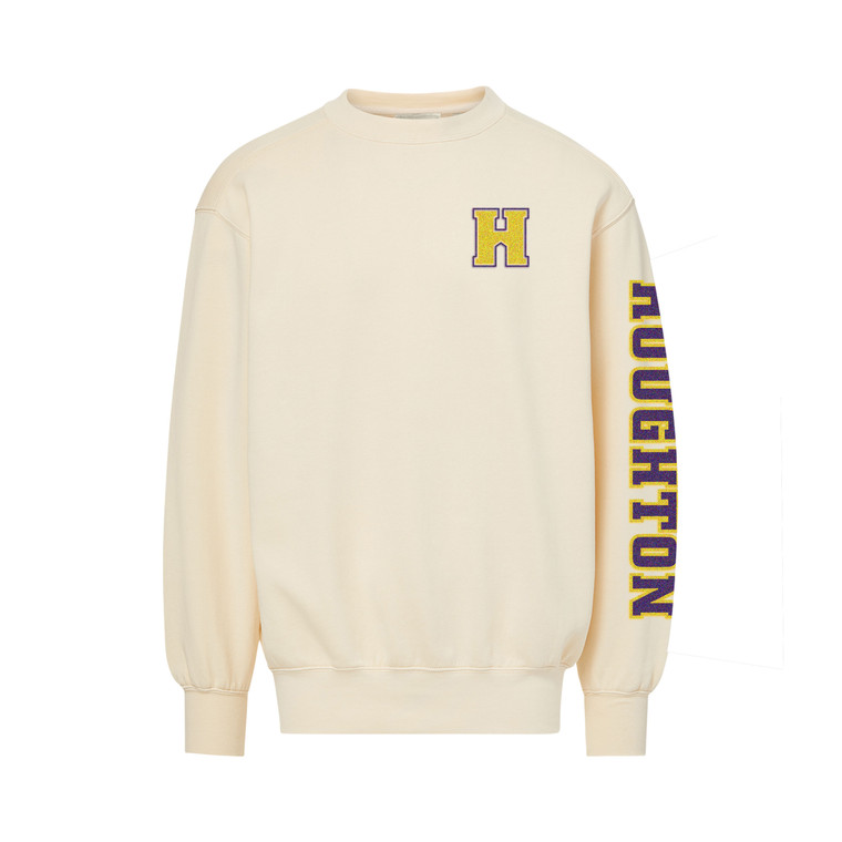 cream crew with soft flocked 'H' in gold on the left chest, and the same soft flocking of 'Houghton' down the left sleeve in purple and gold.