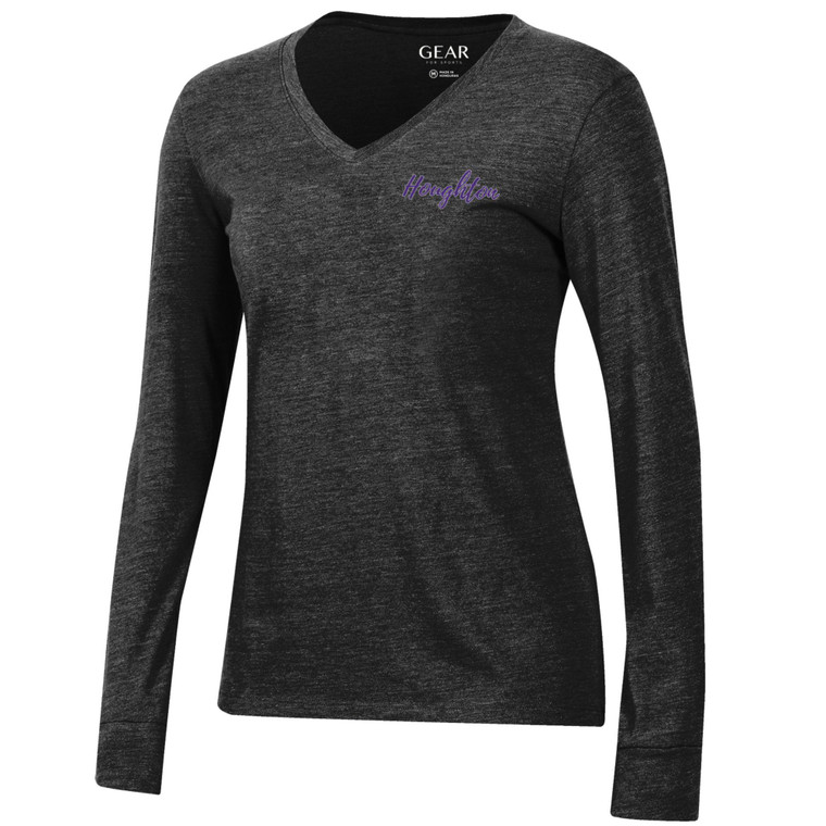 black longsleeve v-neck tee with purple Houghton embroidered in script on the left chest