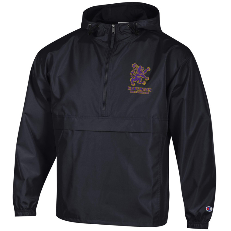black 1/4 zip jacket with purple and gold rampant lion and Houghton Highlanders on left chest