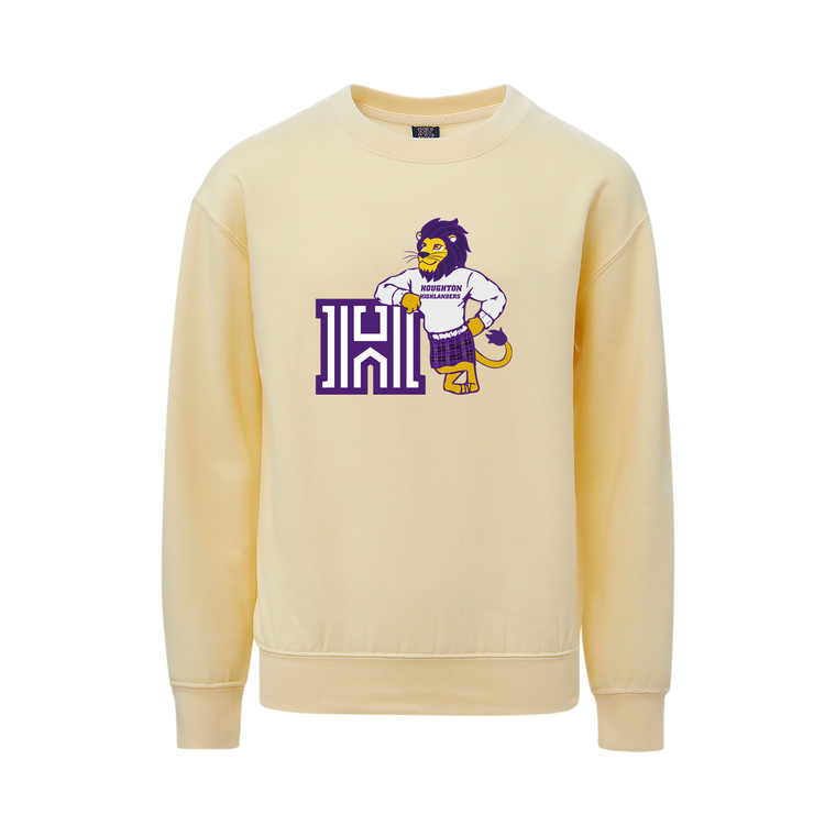 gold crew sweatshirt with Luckey the lion and the logo H on the front