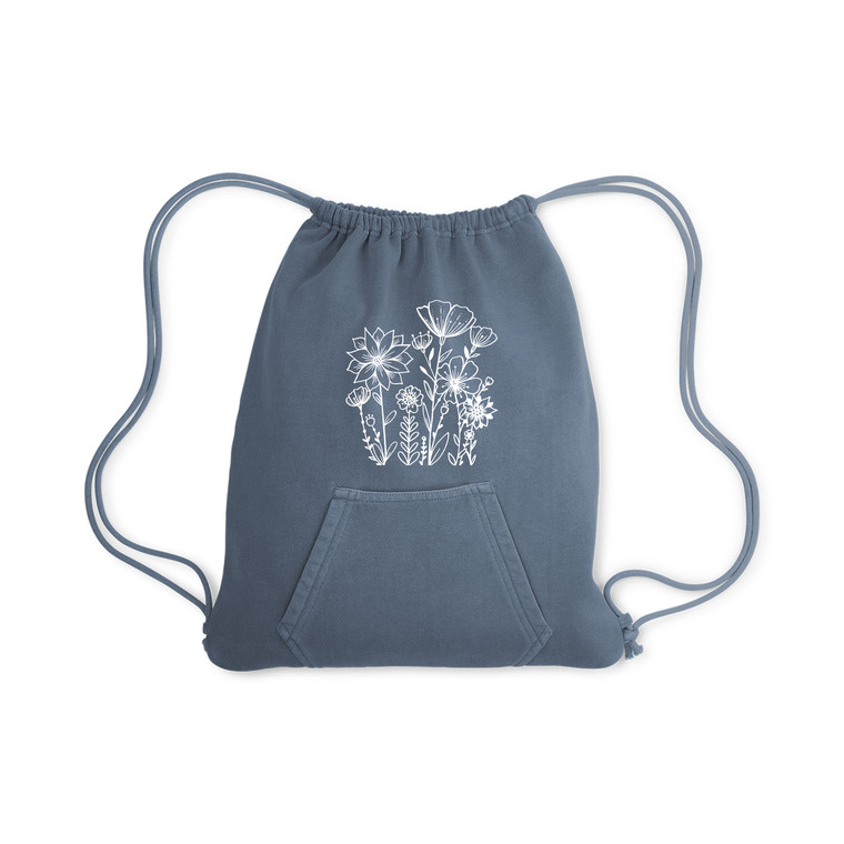 blue drawstring bag with white flowers