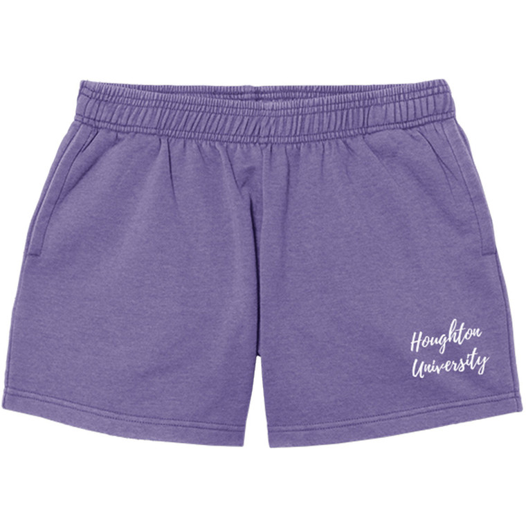 purple shorts with white Houghton University on left leg