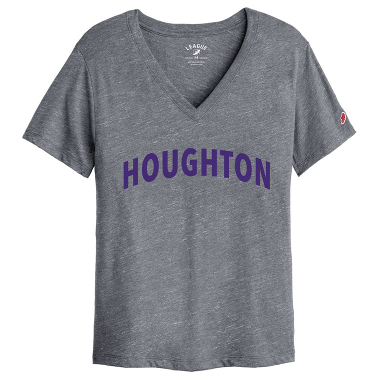 gray v-neck t-shirt with purple Houghton