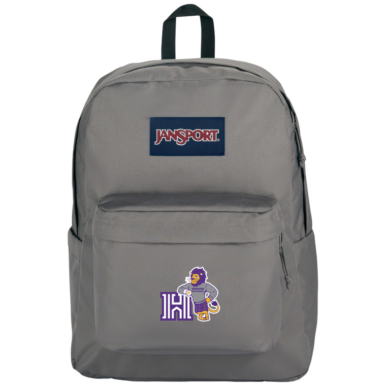 gray jansport backpack with Luckey the Lion and the Houghton logo "H"