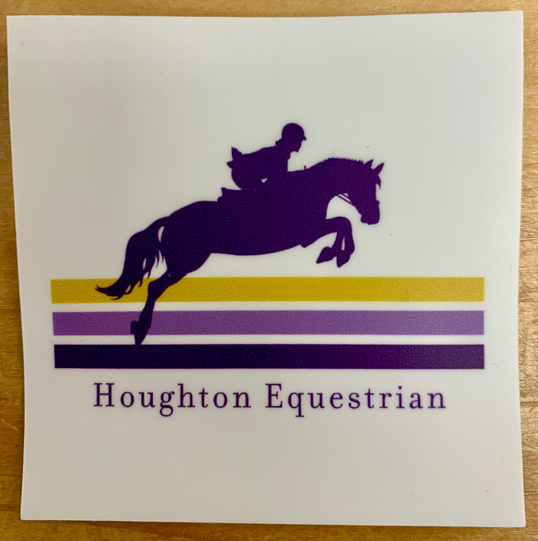 3" vinyl sticker with jumping horse and rider and the words "Houghton Equestrian".