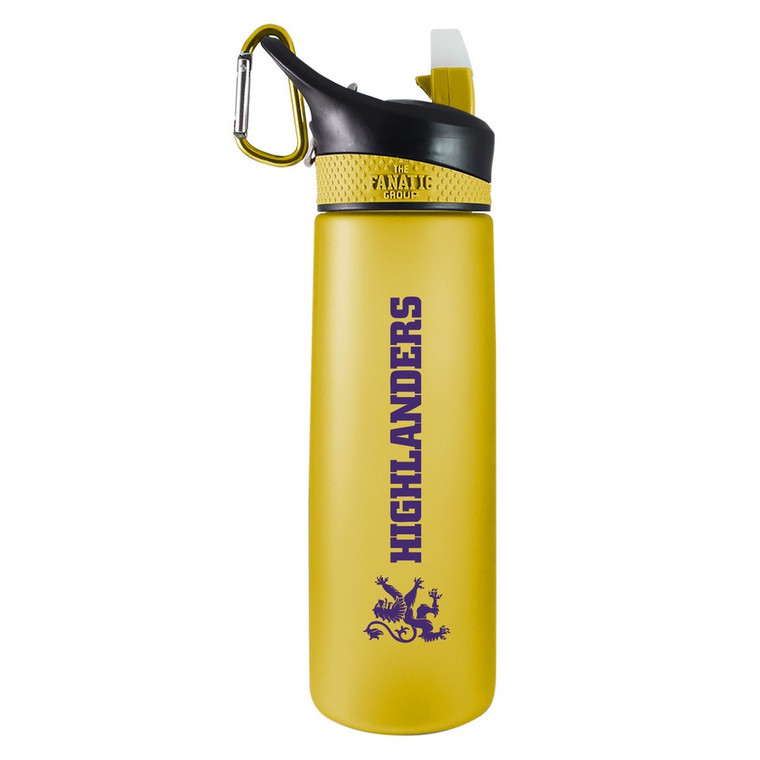 gold water bottle with Highlanders and rampant lion in purple and a carabiner clip