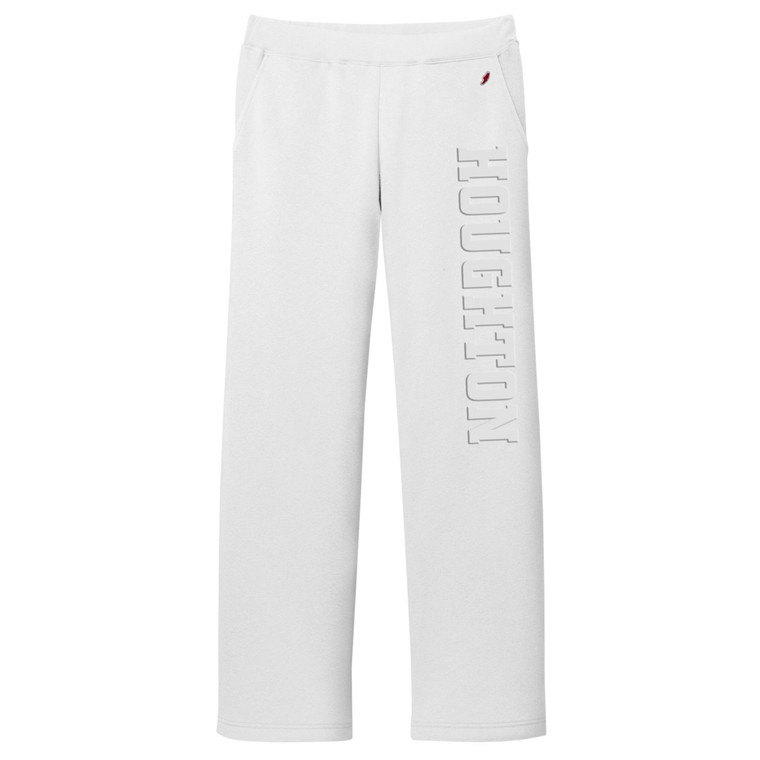 white sweatpants with tonal Houghton imprint down left leg