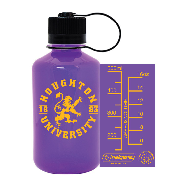 purple narrow mouth nalgene with gold Houghton University encircling rampant lion and ounce markings on the other side