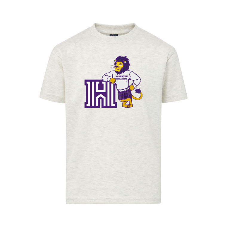 white youth tee with Luckey the Lion featured on the front wearing a "Houghton Highlanders" sweatshirt and leaning on the Houghton 'H."