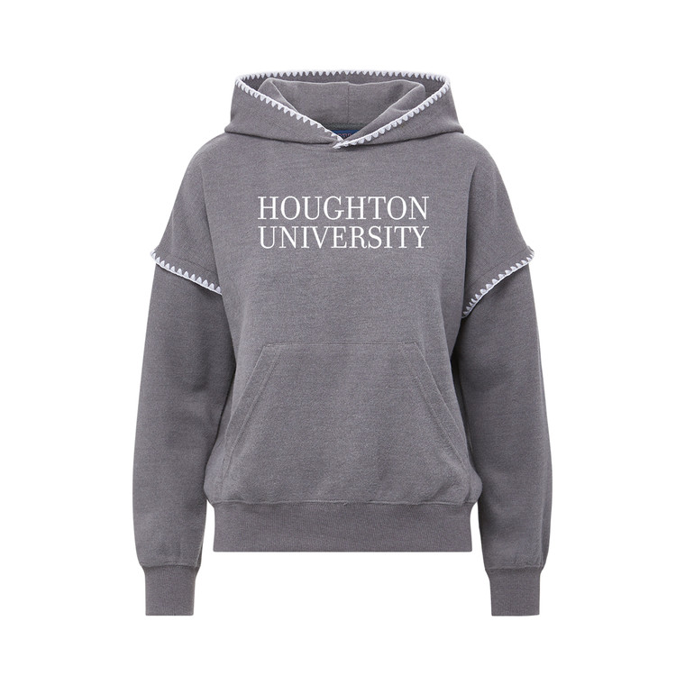 gray hood with white crochet edge stitching at the hood front and armholes with white Houghton University embroidered on front