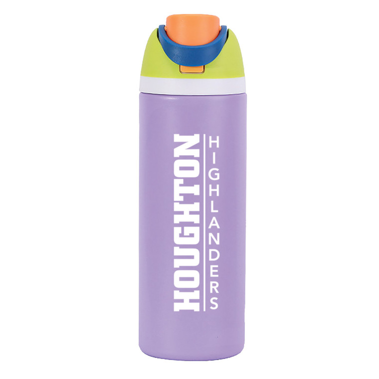purple 24 oz. water bottle with white Houghton Highlanders and green and orange lid
