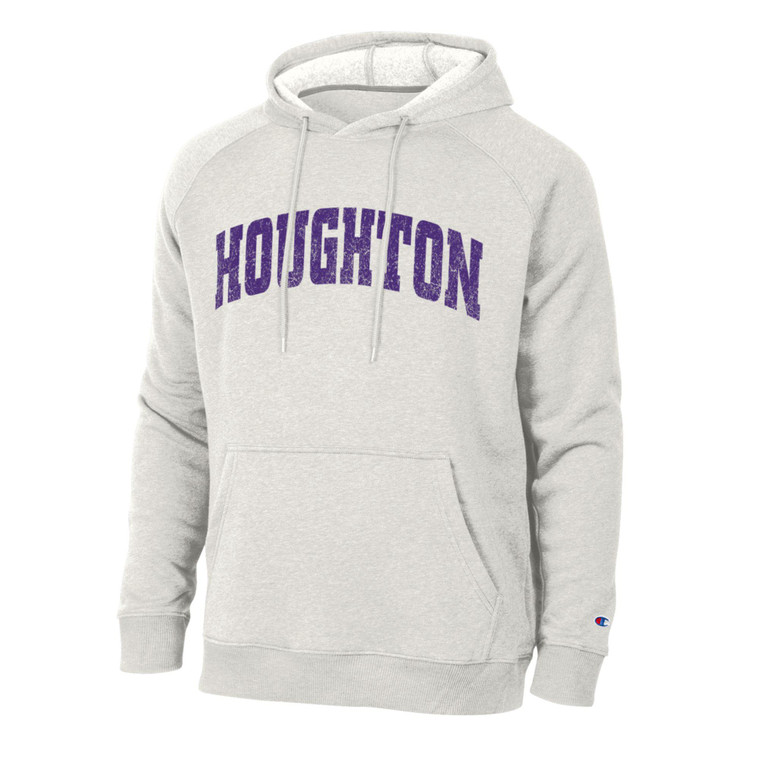 oatmeal hooded sweatshirt with purple Houghton arched across chest