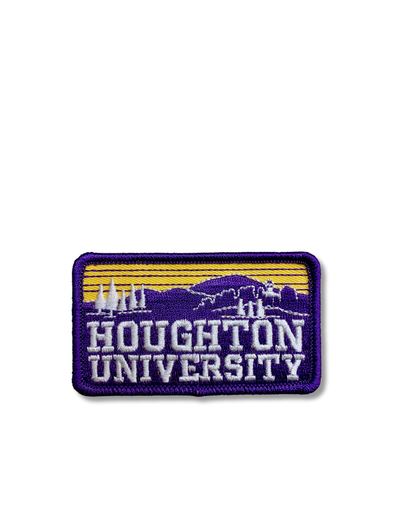 3" x 2" rectangle patch in purple and gold featuring Houghton trees, Fancher Belltower and the words "Houghton University" embroidered in white
