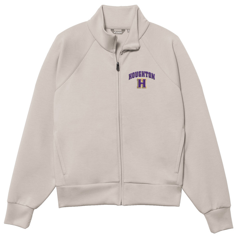 oatmeal full zip with "Houghton" arched over the letter "H" on the left chest in purple and gold
