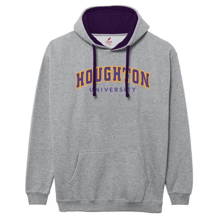 gray hooded sweatshirt with color-blocked lined purple hood with "Houghton" in purple and gold arched over "University"