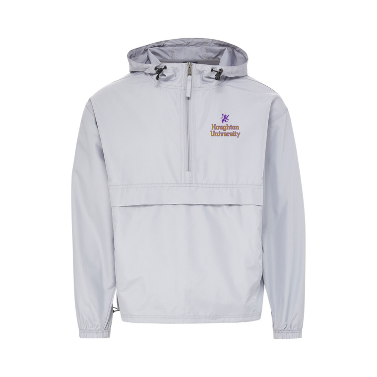 half-zip windbreaker with purple and gold rampant lion and Houghton University on left chest