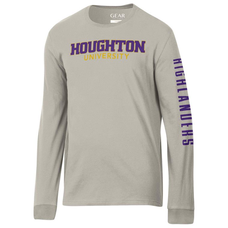 mushroom beige longsleeve tee with "Houghton University" is on the front chest in purple and gold, and "Highlanders"  in purple that runs down the left sleeve.