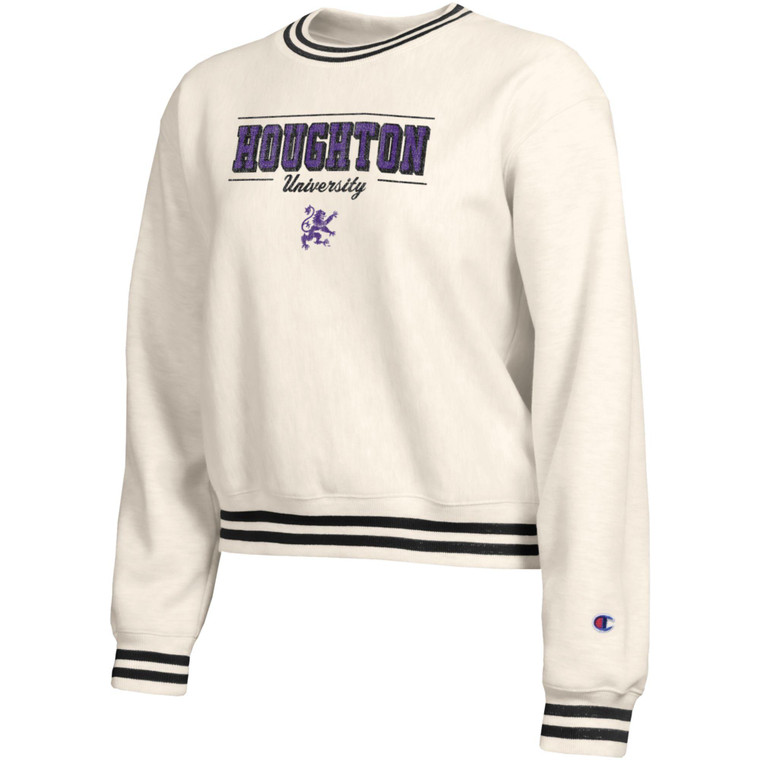 cream crew with black stripes at neck, sleeves, and waistline. "Houghton University" is imprinted across the front chest over the Rampant Lion in purple and black for a distressed, retro vibe.