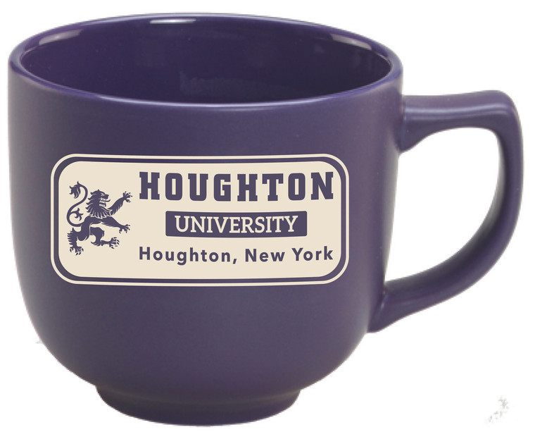 22 oz. purple matte ceramic mug with "Houghton University" over "Houghton, New York." Item features the Rampant Lion to the left of the words, and the imprint is sandblast etched.