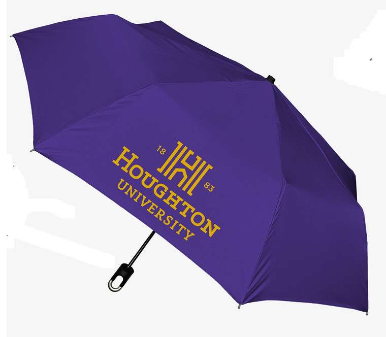 purple umbrella with gold Houghton University logo