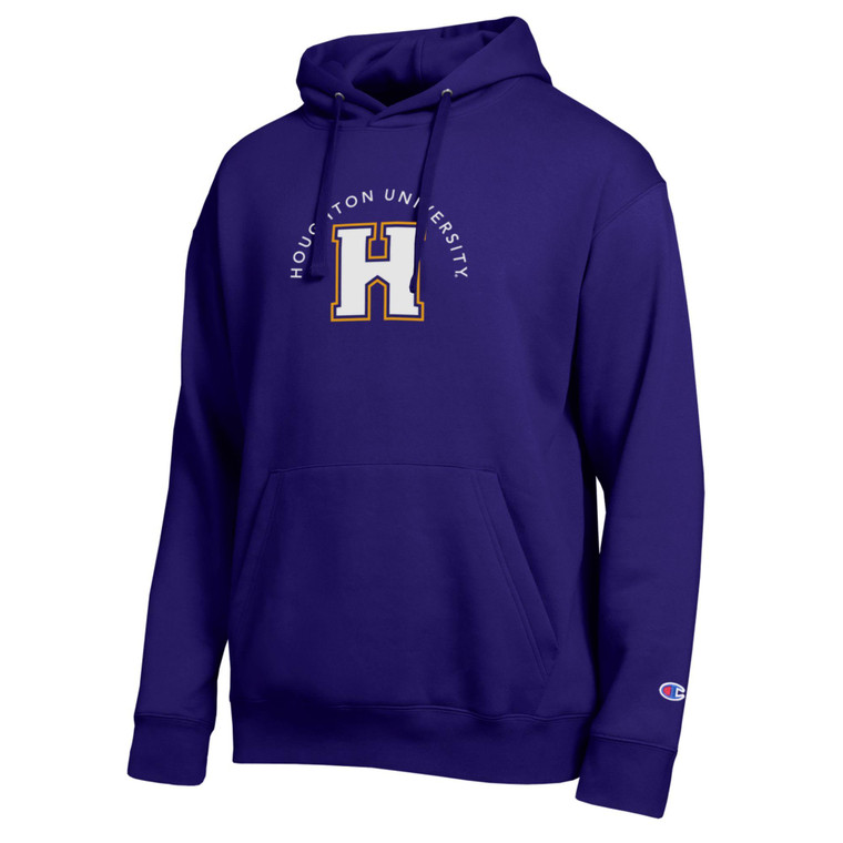 purple hooded sweatshirt with "Houghton University" embroidered in an arch over the Athletic H appliqued in white.