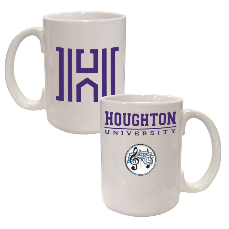 white ceramic mug with a silver metal "Music" medallion under purple "Houghton University." Item features the Houghton 'H' on the other side of the mug.