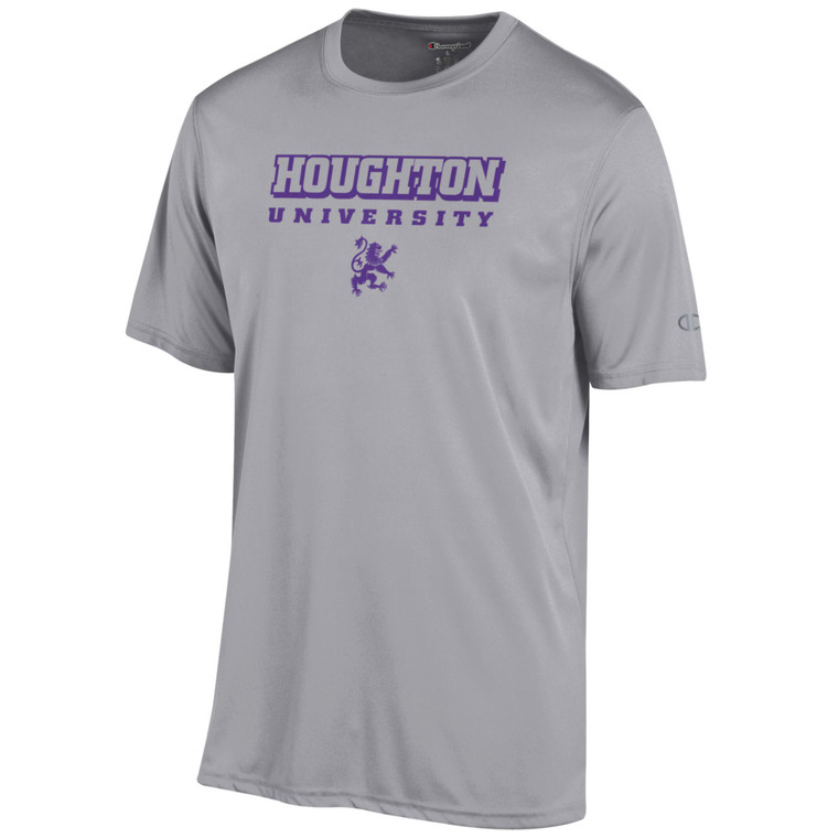 gray tee with purple Houghton University and rampant lion on chest