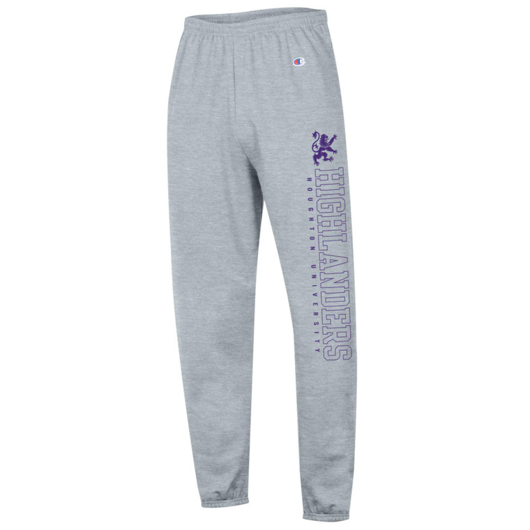 gray Champion sweatpants with the Rampant Lion above open letters reading "Highlanders" and "Houghton University" on the left leg.