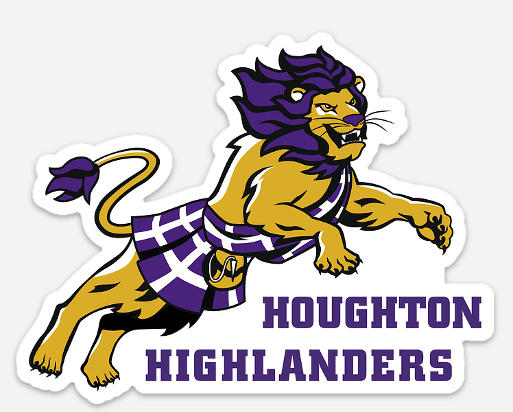 Three-inch decal with Fierce Luckey jumping over the words "Houghton Highlanders."
