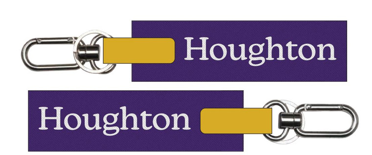 purple and gold vinyl keystrap has a metal key ring and a carabiner clip at the top. Item features the word "Houghton" woven into the webbing