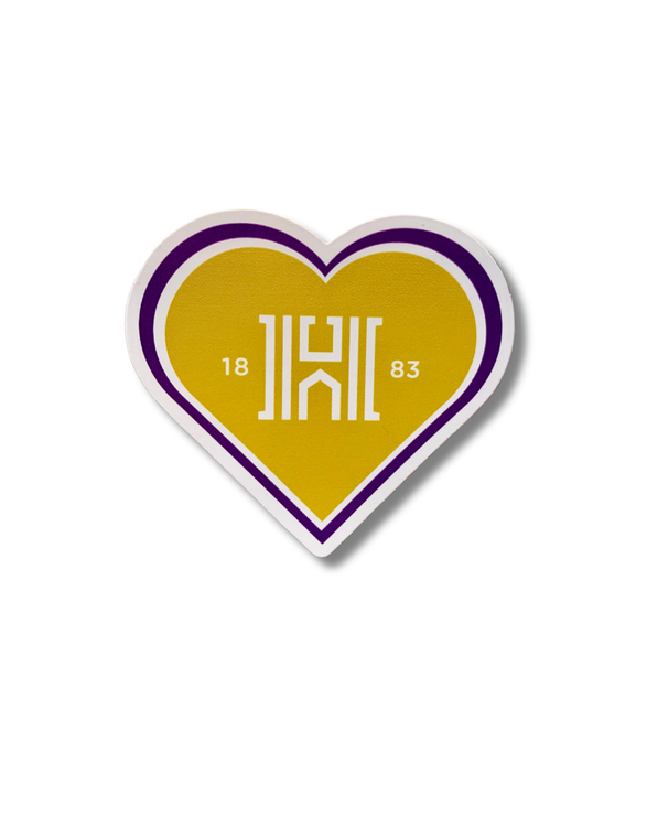 Heart-shaped gold sticker featuring the Houghton 'H' in the middle, with "18" and "83" on each side in white and a purple outline