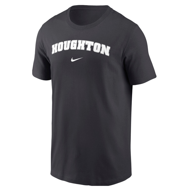 dark gray tee with white Houghton above a white Nike swoosh