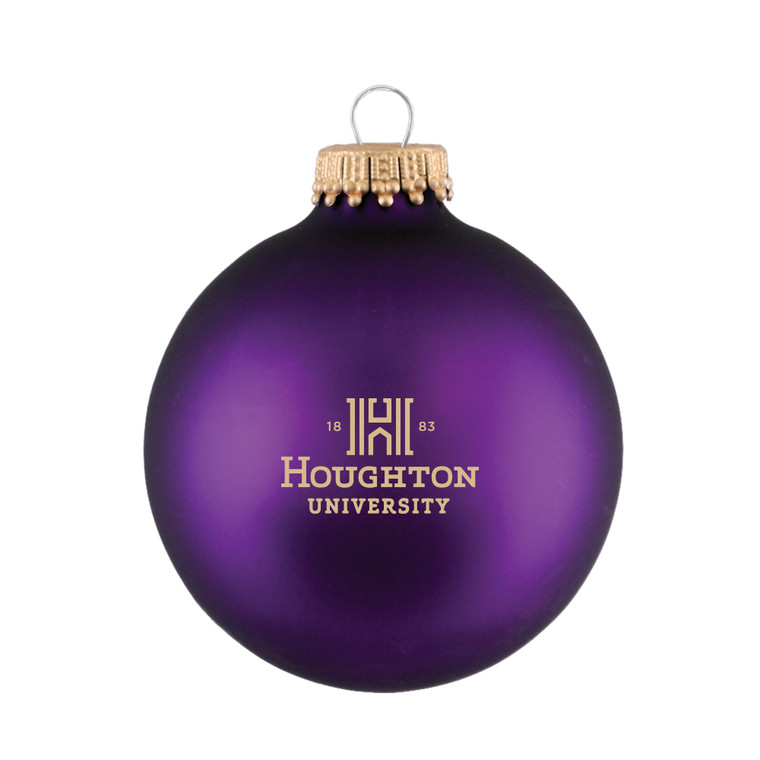 purple glass ball ornament with gold Houghton University logo