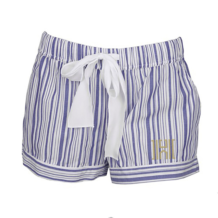 Woven purple and white women's pajama shorts with white ribbon tie. Gold Houghton H logo on the left leg.