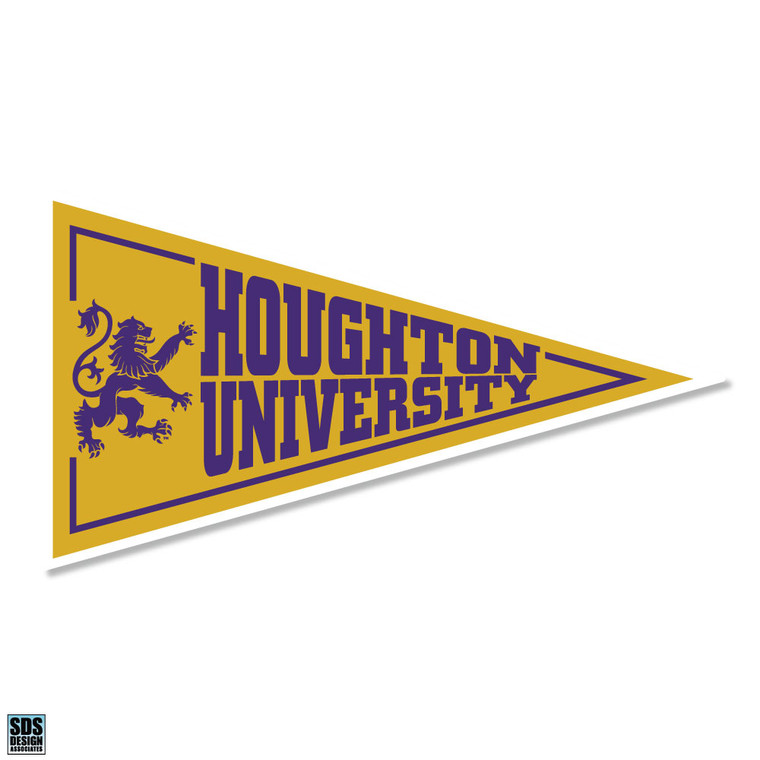 Pennant-shaped vinyl decal with gold background and a purple rampant lion and "HOUGHTON UNIVERSITY" inside.