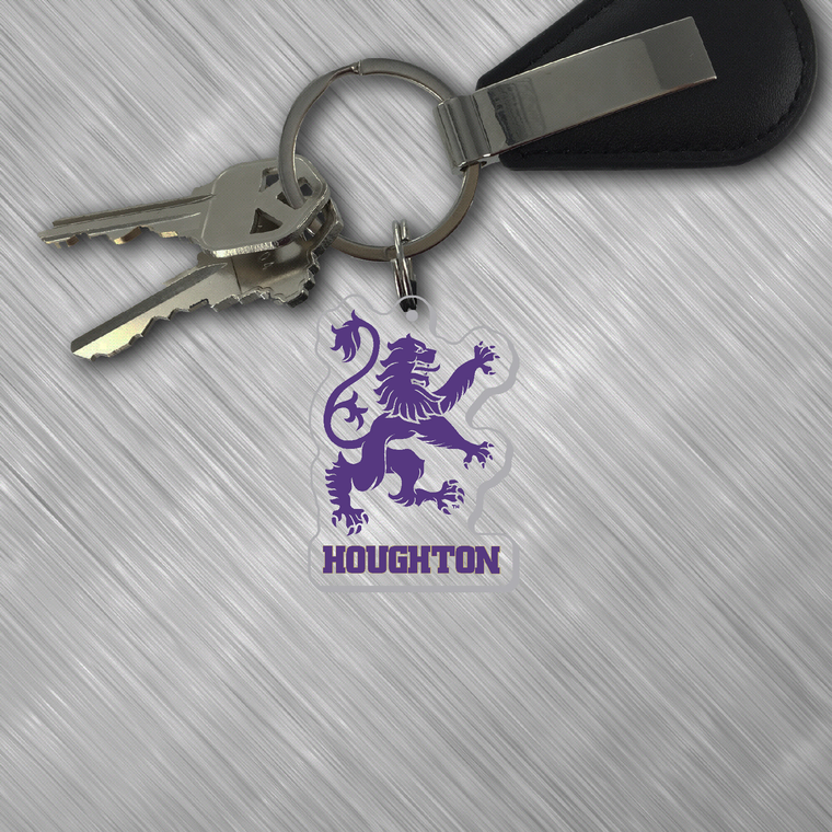 acrylic key tag with purple rampant lion and Houghton beneath shown on a set of keys