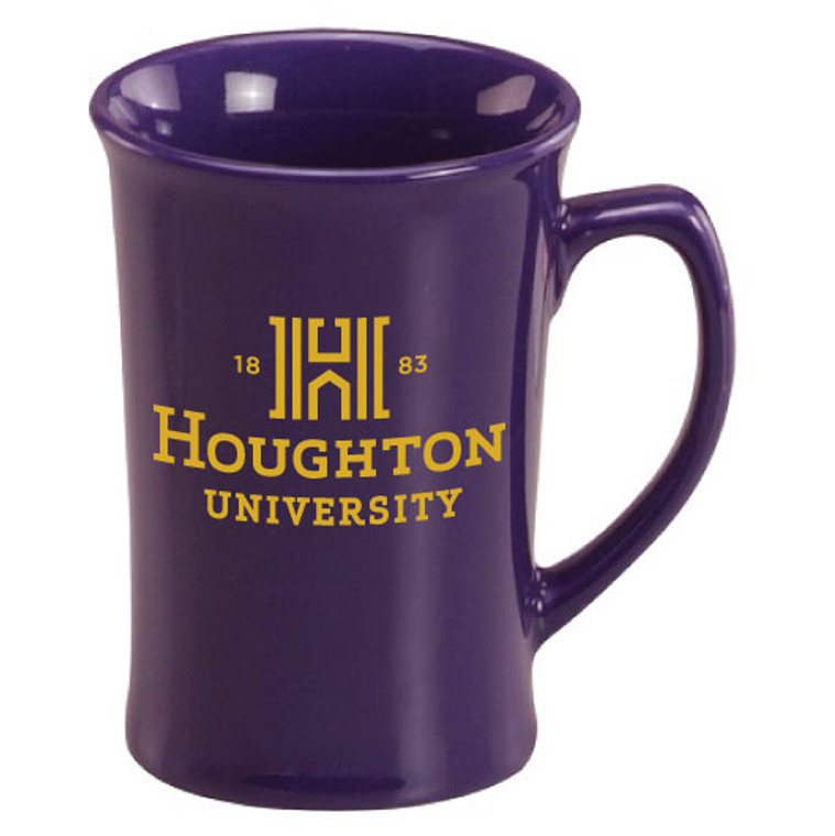 purple mug with gold Houghton University logo on both sides