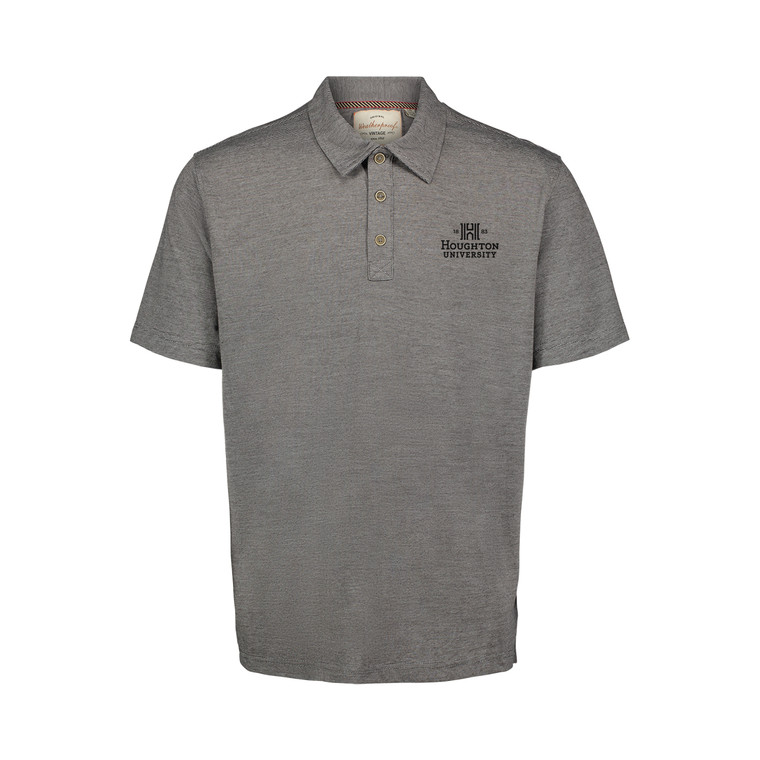 Gray micro stripe polo with black Houghton University logo embroidered on the left chest