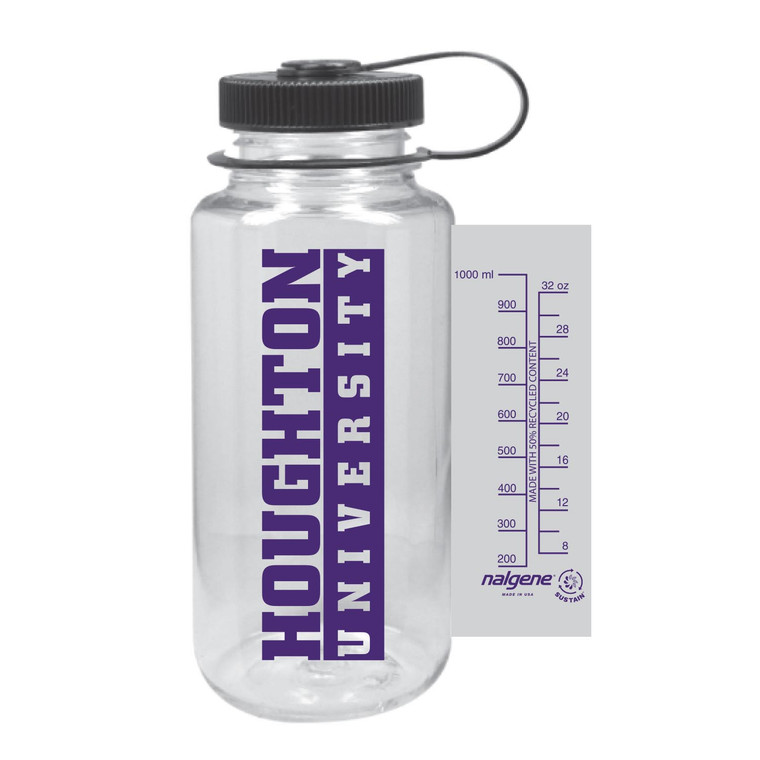 Clear nalgene with purple Houghton University imprinted on one side