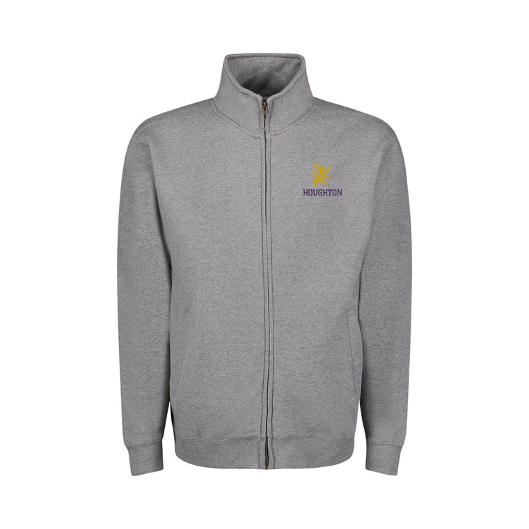 Gray women's full-zip sweatshirt with purple and gold rampant lion over Houghton.