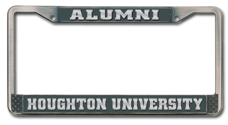 antique pewter license plate frame with Houghton University Alumni