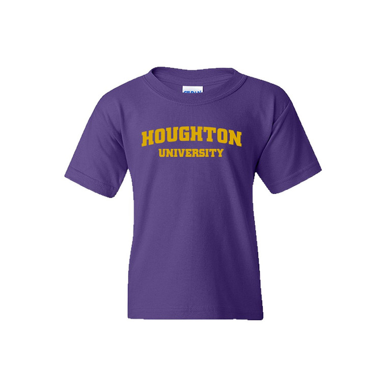 Houghton University youth tee in purple with a gold Houghton University screen print on the front.