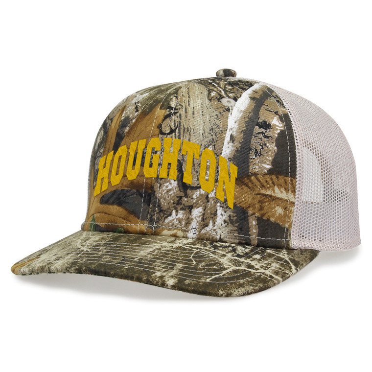 camouflage trucker hat with gold Houghton embroidery and tan mesh