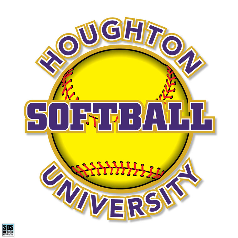 yellow softball with softball written across the middle in purple and gold with Houghton University around the top and bottom in purple and gold.